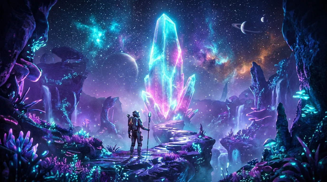 An illuminated alien landscape with a luminous crystal and distant planets
